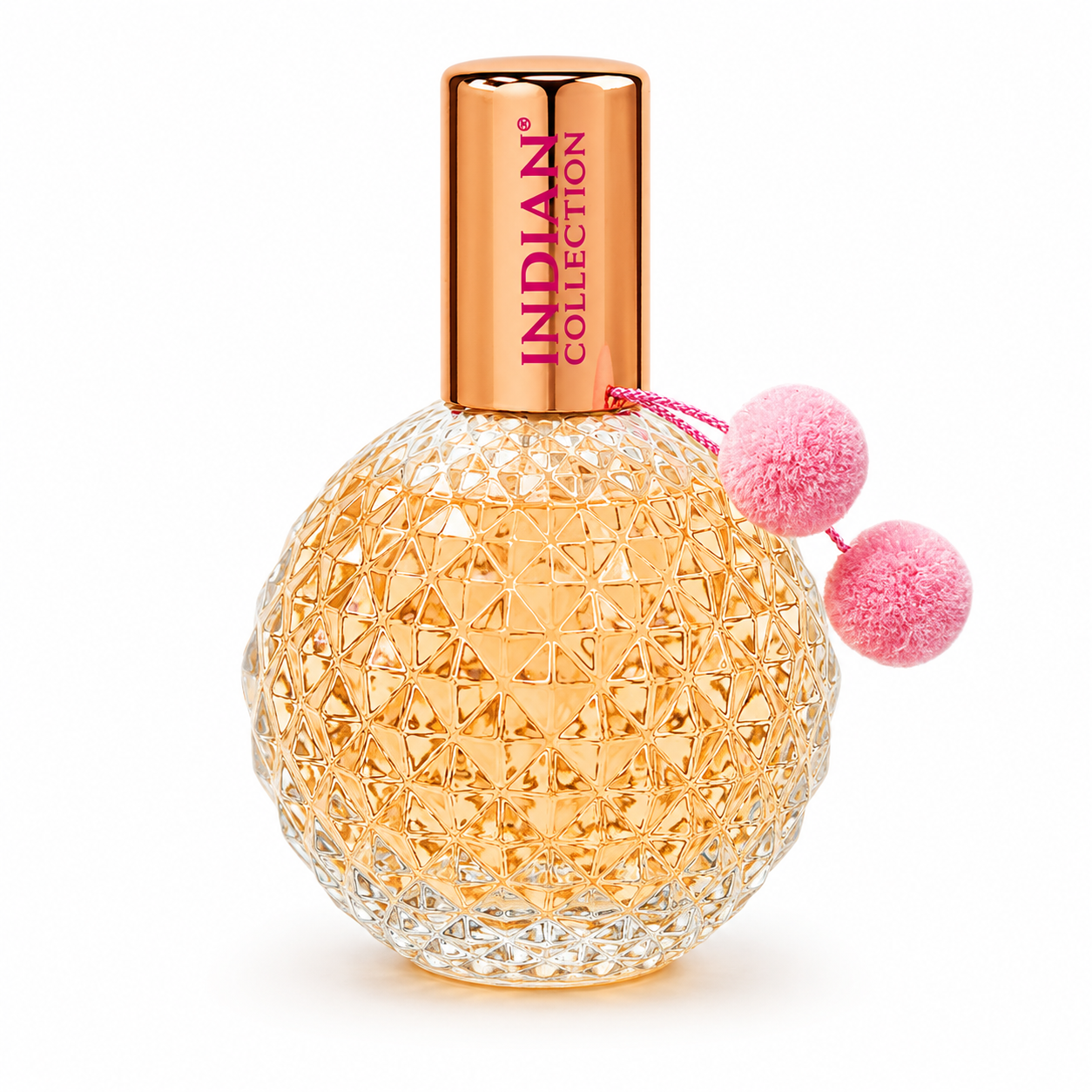 Perfume Indian Collection Flower Secret frasco dorado texturizado con pompones rosas